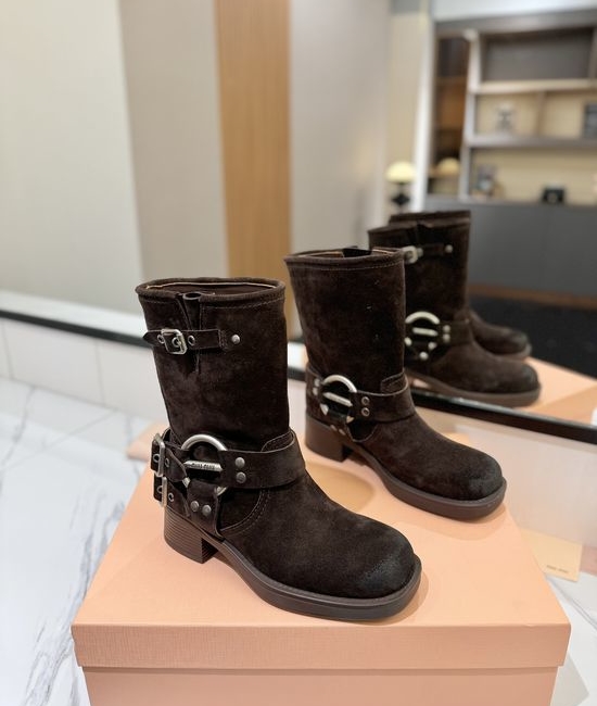 Miu Miu Vintage Distressed Leather Mid-calf Boots Retro Anti-slip Sole