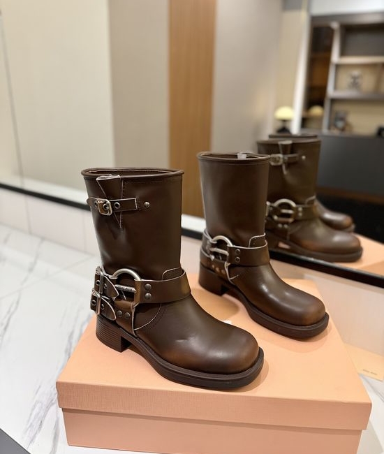 Miu Miu Vintage Distressed Leather Mid-calf Boots Retro Anti-slip Sole