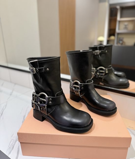 Miu Miu Vintage Distressed Leather Mid-calf Boots Retro Anti-slip Sole