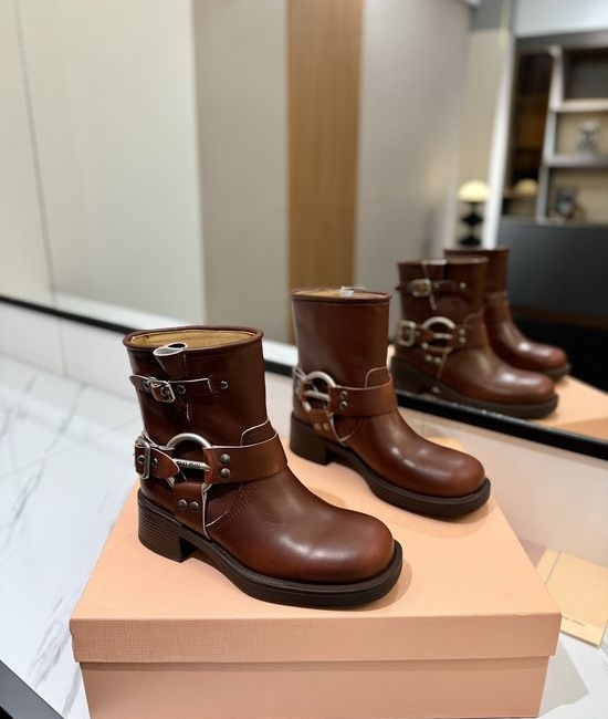 Miu Miu Distressed Leather Slip-Resistant Biker Boots