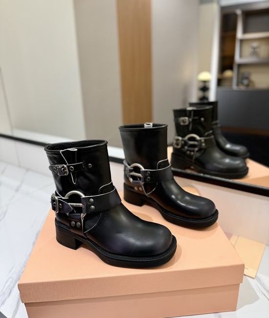 Miu Miu Distressed Leather Slip-Resistant Biker Boots