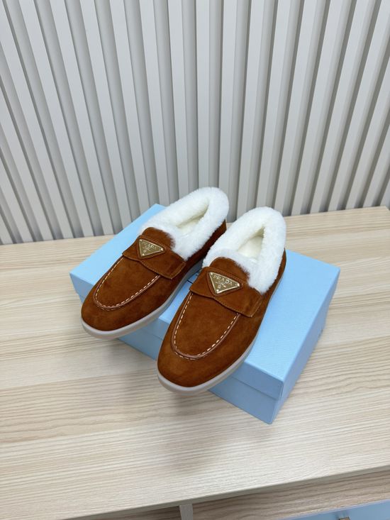 Prada Cozy Wool Lined Loafers Suede Upper Non Slip Durable Sole