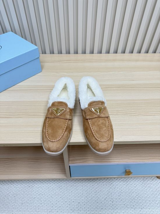 Prada Cozy Wool Lined Loafers Suede Upper Non Slip Durable Sole
