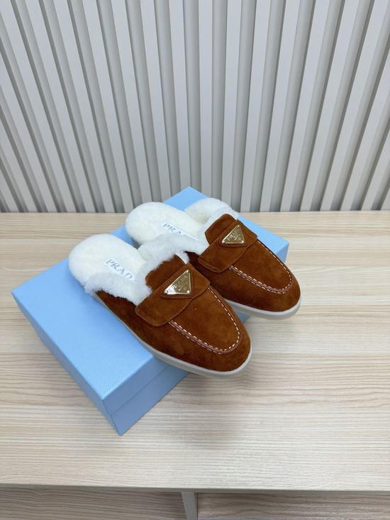Prada Warm Wool Lined Mules Premium Suede Upper Comfortable Sole