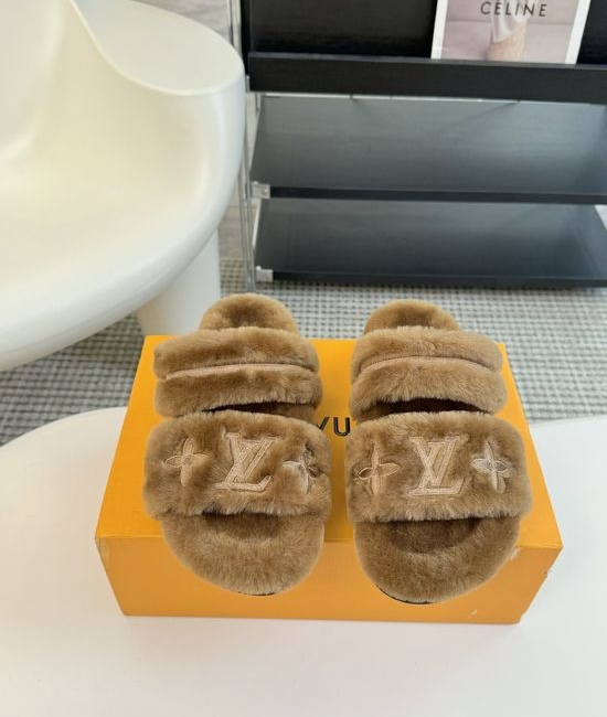 Louis Vuitton LV Cozy Wool Fuzzy Slippers Anti Slip Rubber Sole