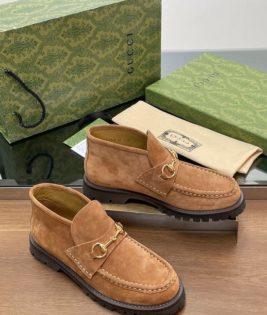 Gucci Suede Platform Horsebit Ankle Loafer Boots with Leather Lining
