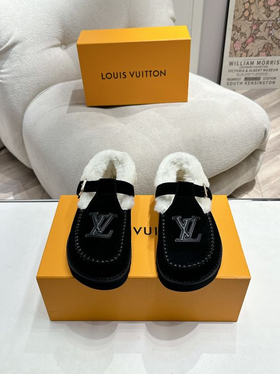 Louis Vuitton Premium Suede Leather Wool Lined Thick Sole Slippers