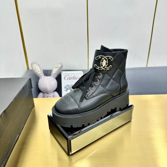 Chanel Pointed Toe Leather Ankle Boots Decorative Buckle Comfortable