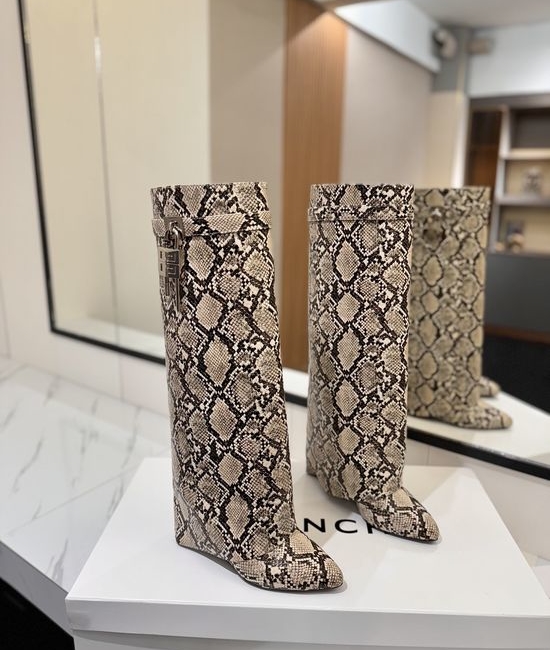 Givenchy Snake Print High Heel Tall Boots with Logo Buckle