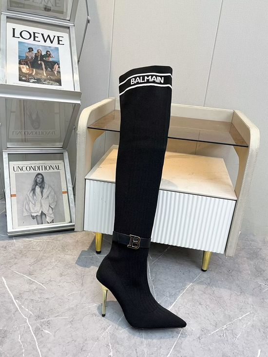 Balmain Stiletto Knee High Boots Knit Upper Sheepskin Lining