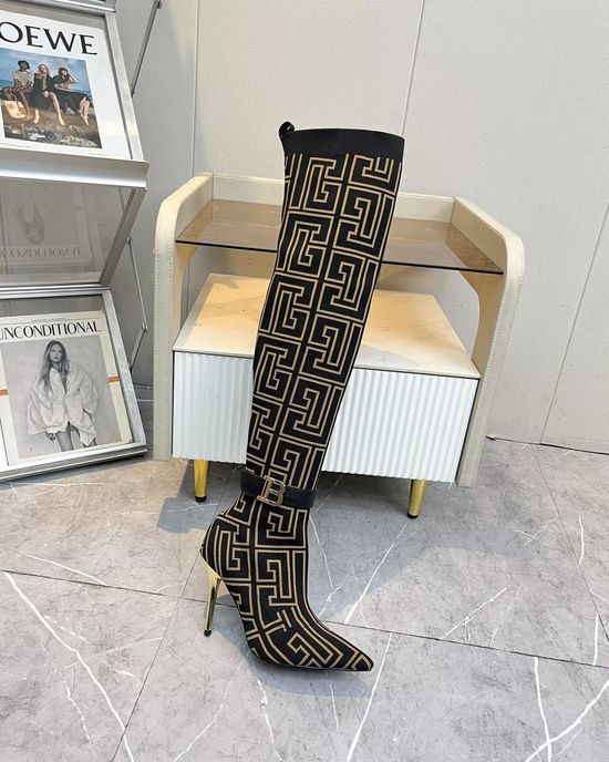 Balmain Stiletto Knee High Boots Knit Upper Sheepskin Lining
