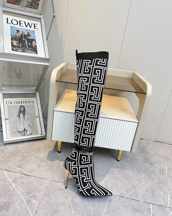 Balmain Stiletto Knee High Boots Knit Upper Sheepskin Lining