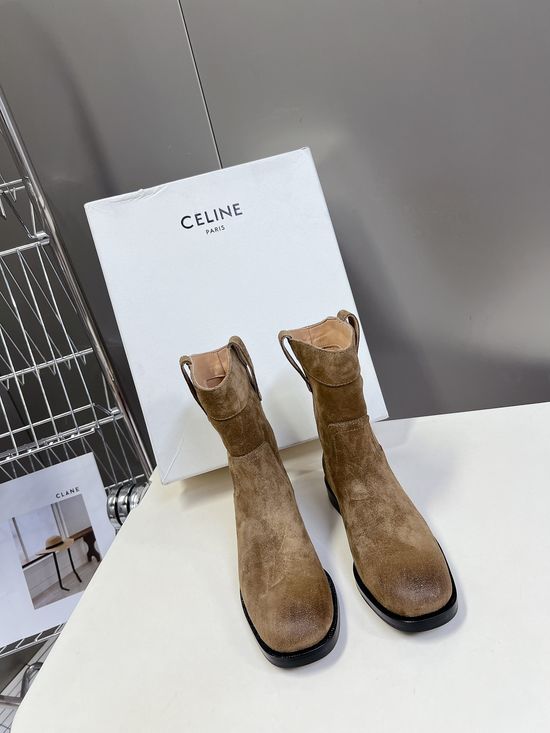 Celine Suede Western Ankle Boots with Low Heel