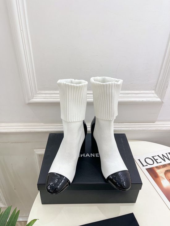 Chanel Patent Leather Knit Shaft Block Heel Boots