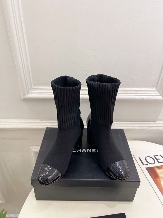 Chanel Patent Leather Knit Shaft Block Heel Boots