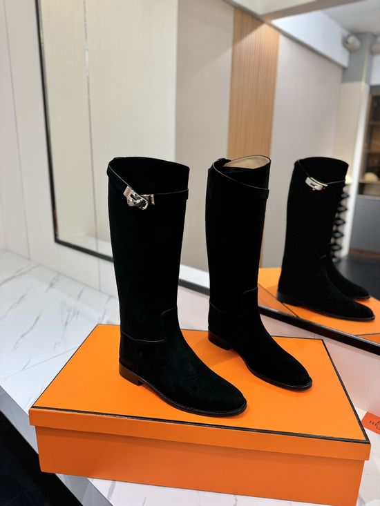 Hermes Suede Buckle Knee High Boots Premium Leather Elegant Style