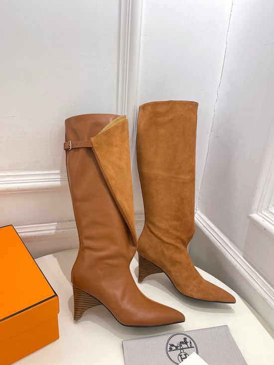 Hermes Pointed Toe Leather Tall Boots Stiletto Heel Comfortable Lining