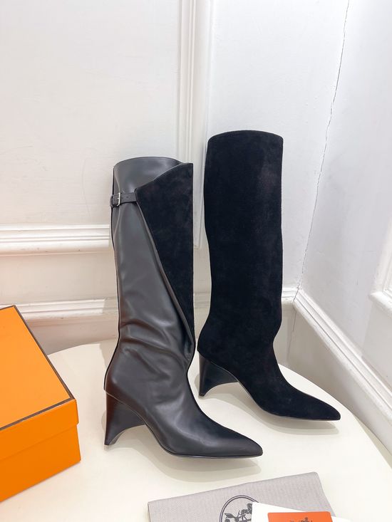 Hermes Pointed Toe Leather Tall Boots Stiletto Heel Comfortable Lining