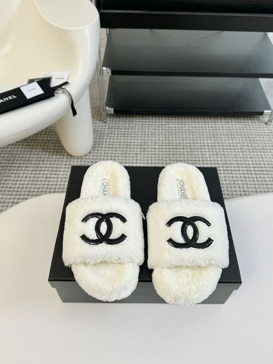 Chanel Classic Fluffy Wool Slippers with Double C Logo