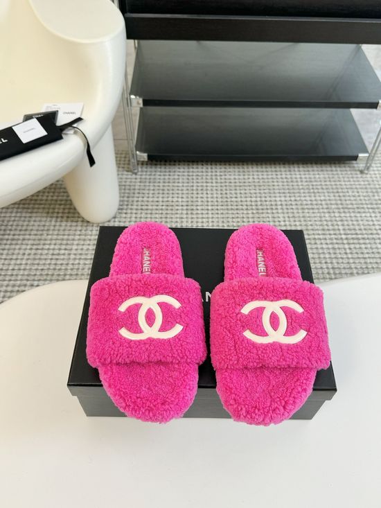 Chanel Classic Fluffy Wool Slippers with Double C Logo