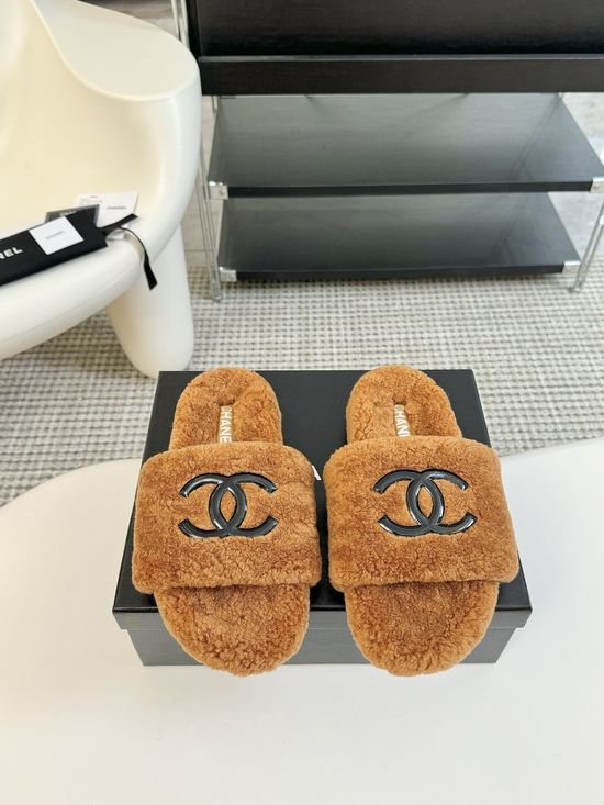 Chanel Classic Fluffy Wool Slippers with Double C Logo