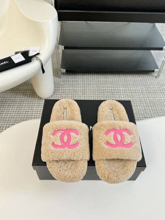 Chanel Classic Fluffy Wool Slippers with Double C Logo