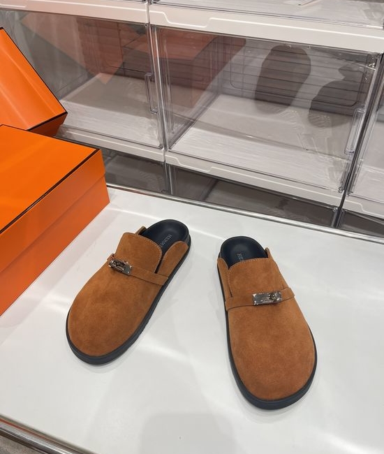 Hermes Buckle Decor Suede Lined Comfortable Casual Slides