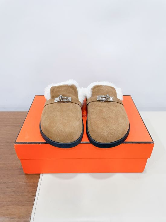 Hermes Fleece Lined Slip On Platform Clog Shoes