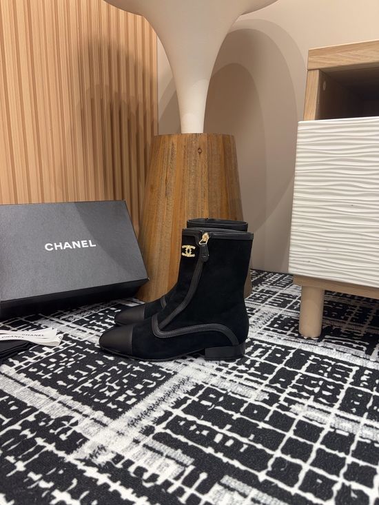 Chanel Square Toe Flat Ankle Boots With Rhinestone Buckle