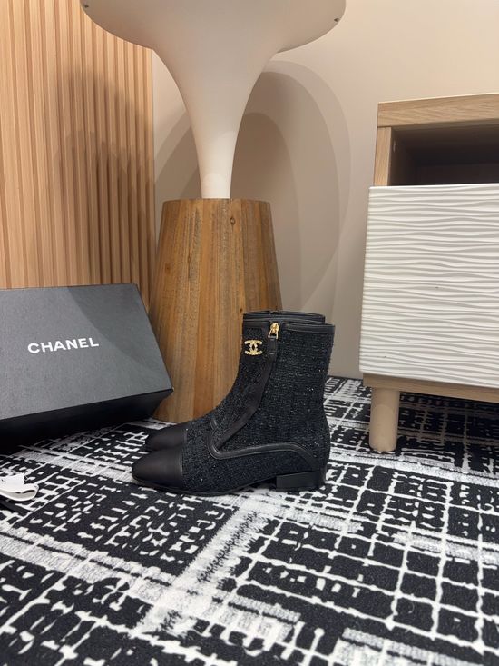 Chanel Square Toe Flat Ankle Boots With Rhinestone Buckle