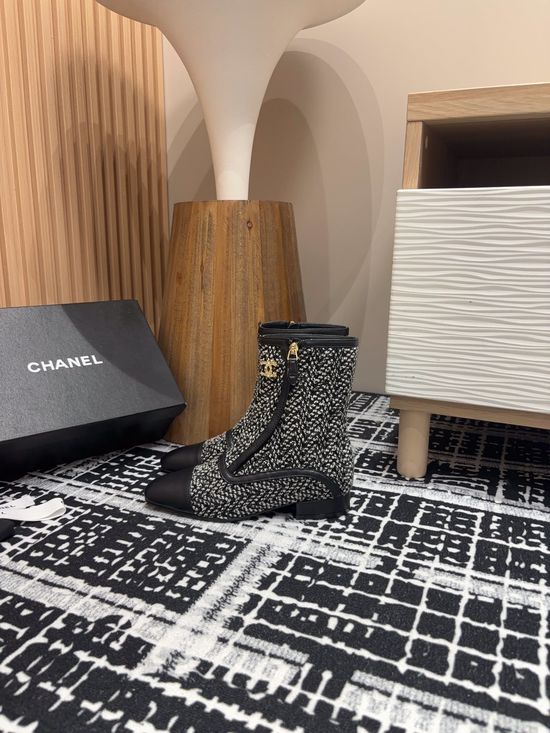 Chanel Square Toe Flat Ankle Boots With Rhinestone Buckle