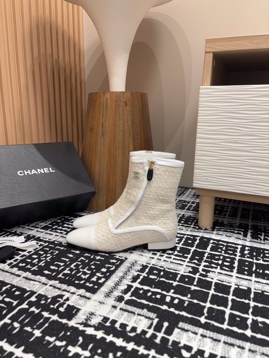 Chanel Square Toe Flat Ankle Boots With Rhinestone Buckle