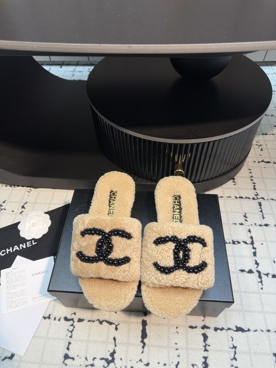 Chanel Beaded Double-C Wool Slippers for Comfort