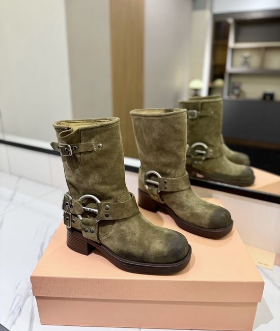 Miu Miu Vintage Distressed Leather Mid-calf Boots Retro Anti-slip Sole