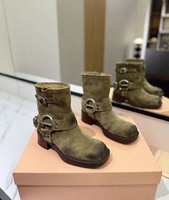 Miu Miu Distressed Leather Slip-Resistant Biker Boots
