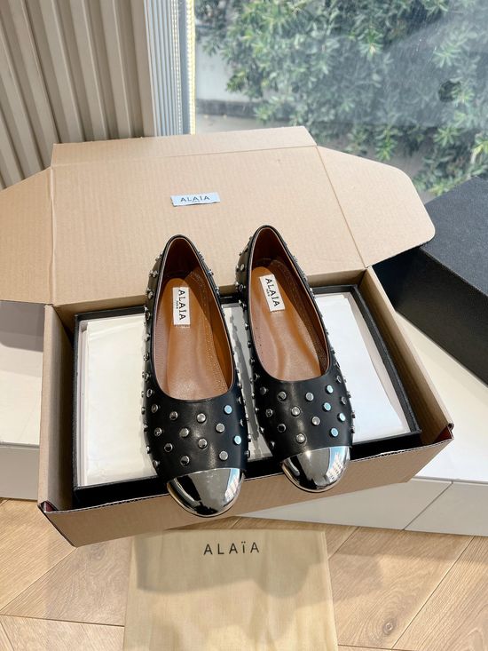 Alaia Rivet Decor Pointed Toe Premium Leather Flat Shoes