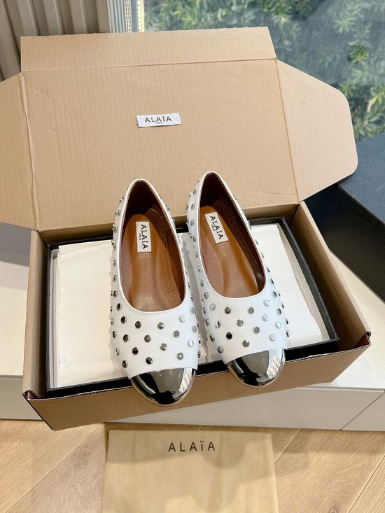 Alaia Rivet Decor Pointed Toe Premium Leather Flat Shoes