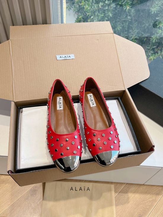 Alaia Rivet Decor Pointed Toe Premium Leather Flat Shoes