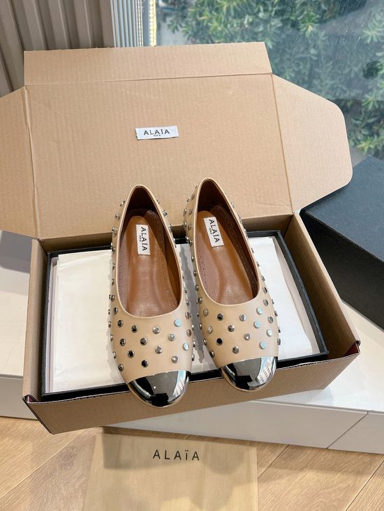 Alaia Rivet Decor Pointed Toe Premium Leather Flat Shoes