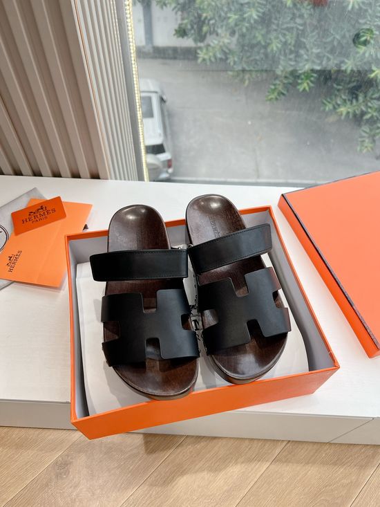 Hermes Magic Tape Wood Slippers Non-slip Sole Durable Leather Upper