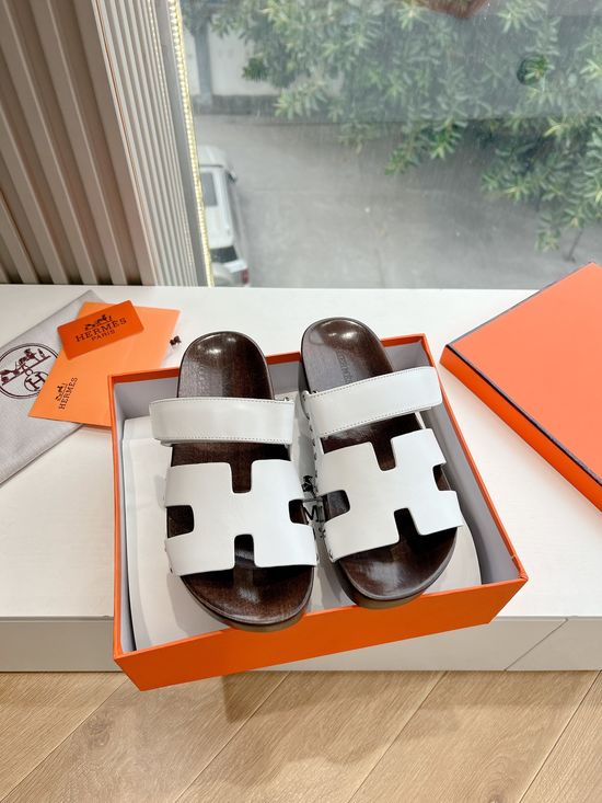 Hermes Magic Tape Wood Slippers Non-slip Sole Durable Leather Upper