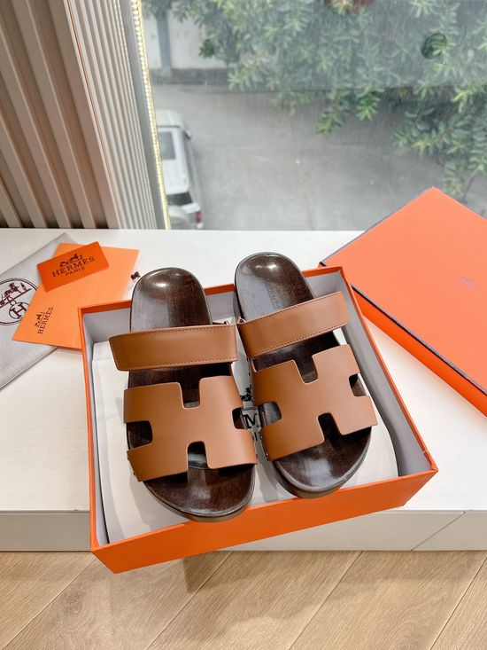 Hermes Magic Tape Wood Slippers Non-slip Sole Durable Leather Upper