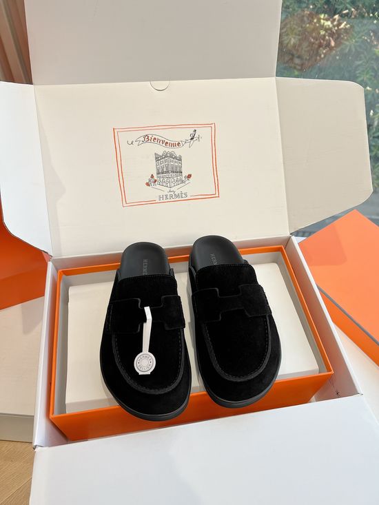 Hermes Closed Toe Buckle Leather Slippers Comfortable Casual Footwear