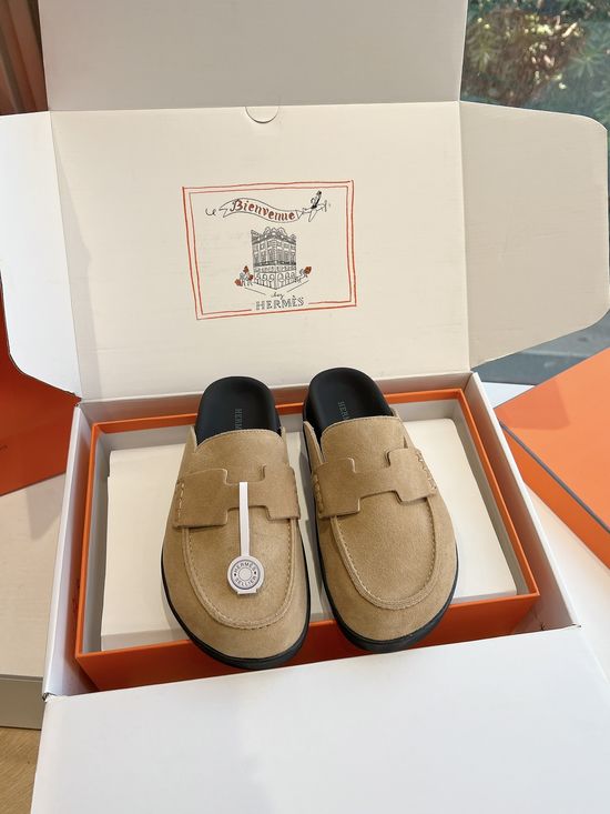 Hermes Closed Toe Buckle Leather Slippers Comfortable Casual Footwear