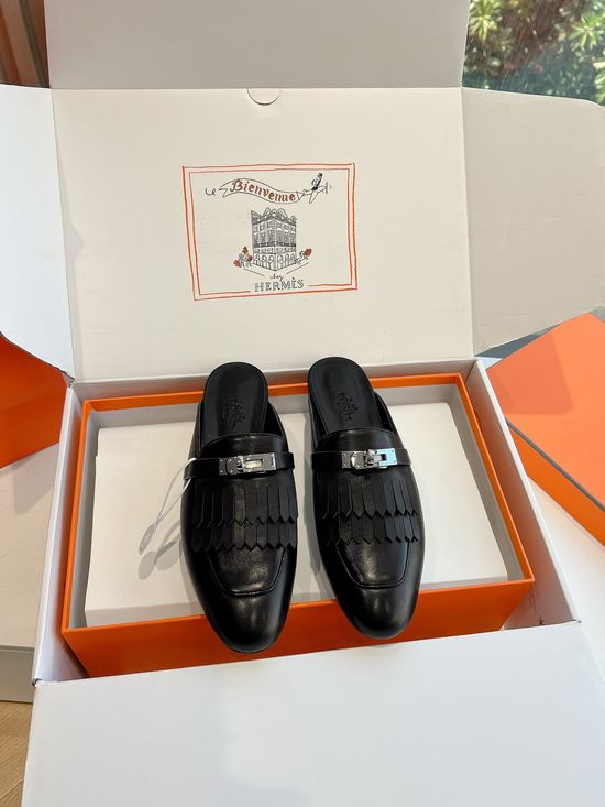 Hermes Genuine Leather Non-slip Loafer Mules with Soft Insole