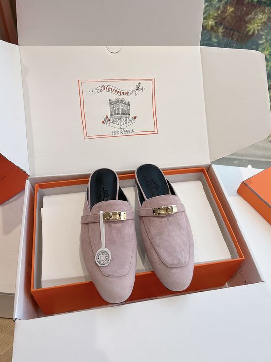 Hermes Suede Leather Non-slip Loafer Mules with Comfortable Insole