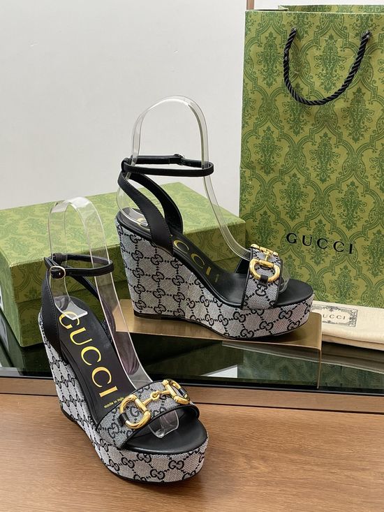 Gucci Horsebit Decor Platform Wedge Sandals Genuine Leather Sole