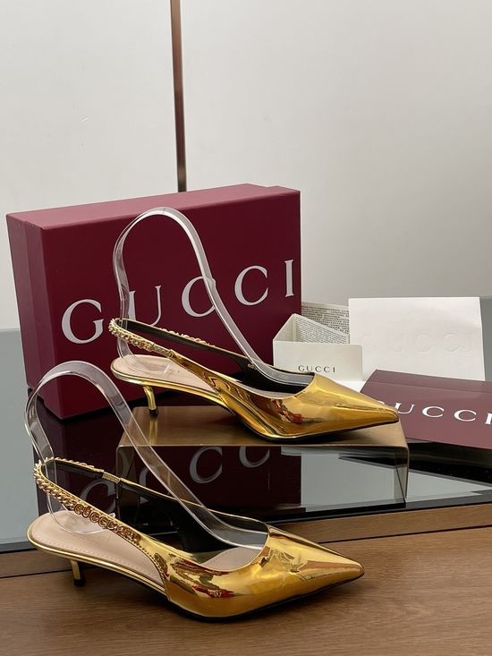 Gucci Metallic Leather Pointed Toe Chain Decor Heeled Sandals