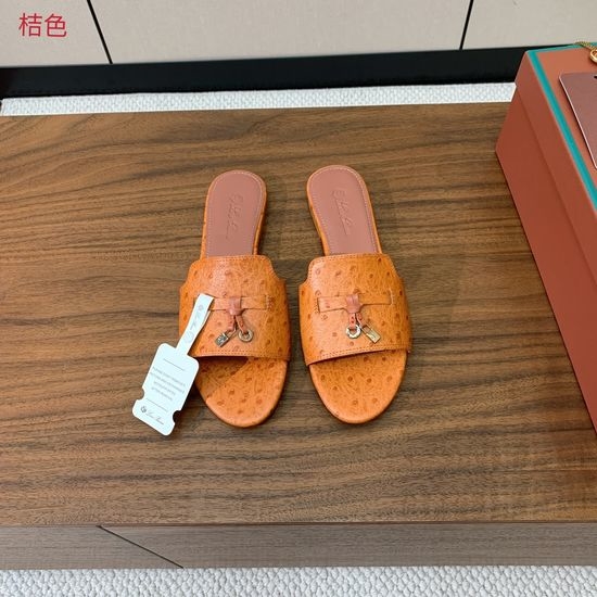 Loro Piana Ostrich Embossed Leather Flat Slide Sandals