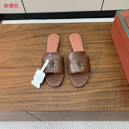 Loro Piana Ostrich Embossed Leather Flat Slide Sandals